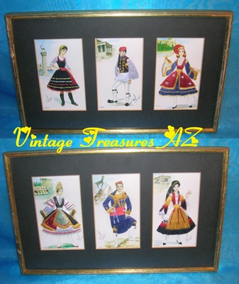 Image for Elsi Gumier Silk Embroidery Vintage ca 1950s-1960s International Men & Women in Traditional Greek Costumes Postcards Framed Set <b><span style='color:red'> *****PARCEL POST SHIPPING INCLUDED – DOMESTIC ORDERS ONLY!***** </span></b><span style='color:purple'>